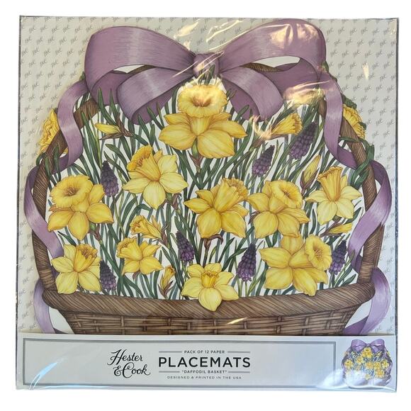 NEW Hester & Cook Floral Daffodil Basket Spring Easter Paper Placemats 12 Pack - Picture 1 of 11